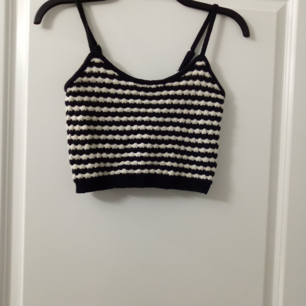 90s Style Black & White Striped Crop Tank Top With Adjustable Straps Size Medium